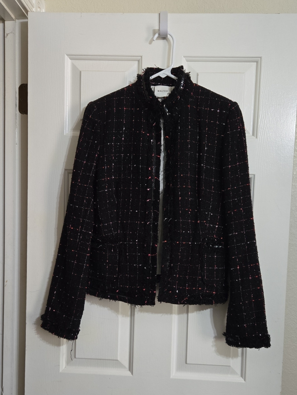 Black Tweed Fringe-Trim Boxy Blazer